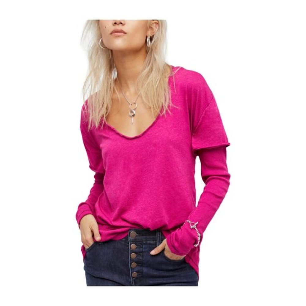 Free People OB537914 Top Relaxed Wild Aster Pink Size M